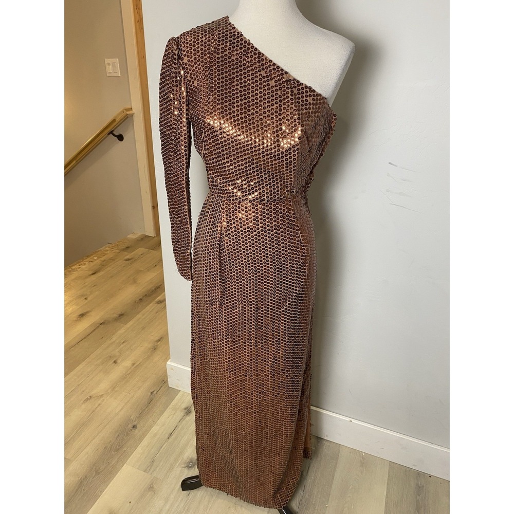 Vintage Mike Benet Formals Copper Sequin One Shoulder Long Sleeve Gown Dress XS
